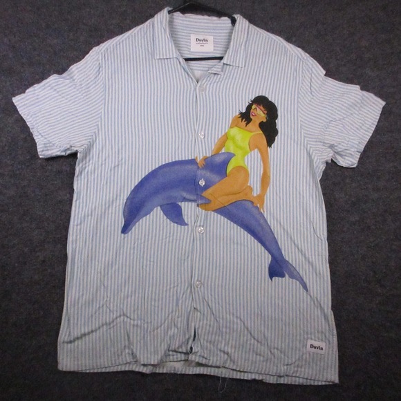 Duvin Other - Duvin Shirt Mens Large Blue Stripe Short Sleeve Dolphin Girl Graphic Button Up